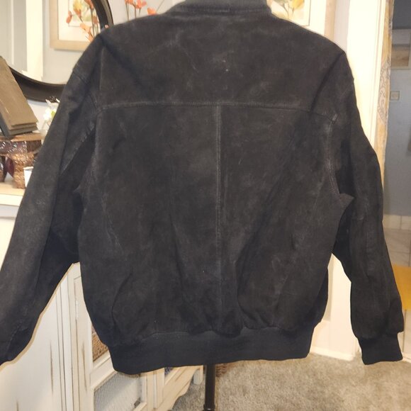 Vintage Camel Black Leather Suede Bomber Jacket With Ribbed Cuffs & Snap Buttons - Picture 4 of 5